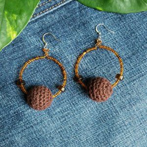 Brown crocheted beads hoop earrings